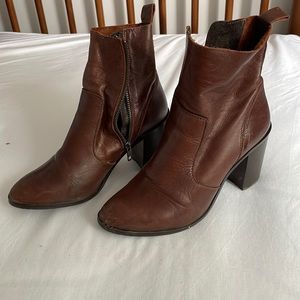 Brown Leather Ankle Booties - Classic Block Heel